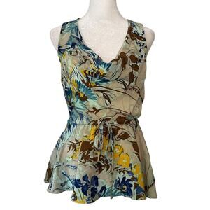 Tracy Reese light blue, brown & yellow floral silk sleeveless top size S